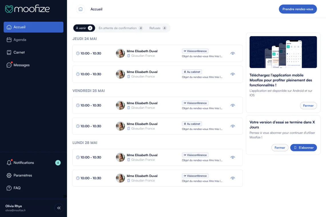 Moofize — tableau de bord