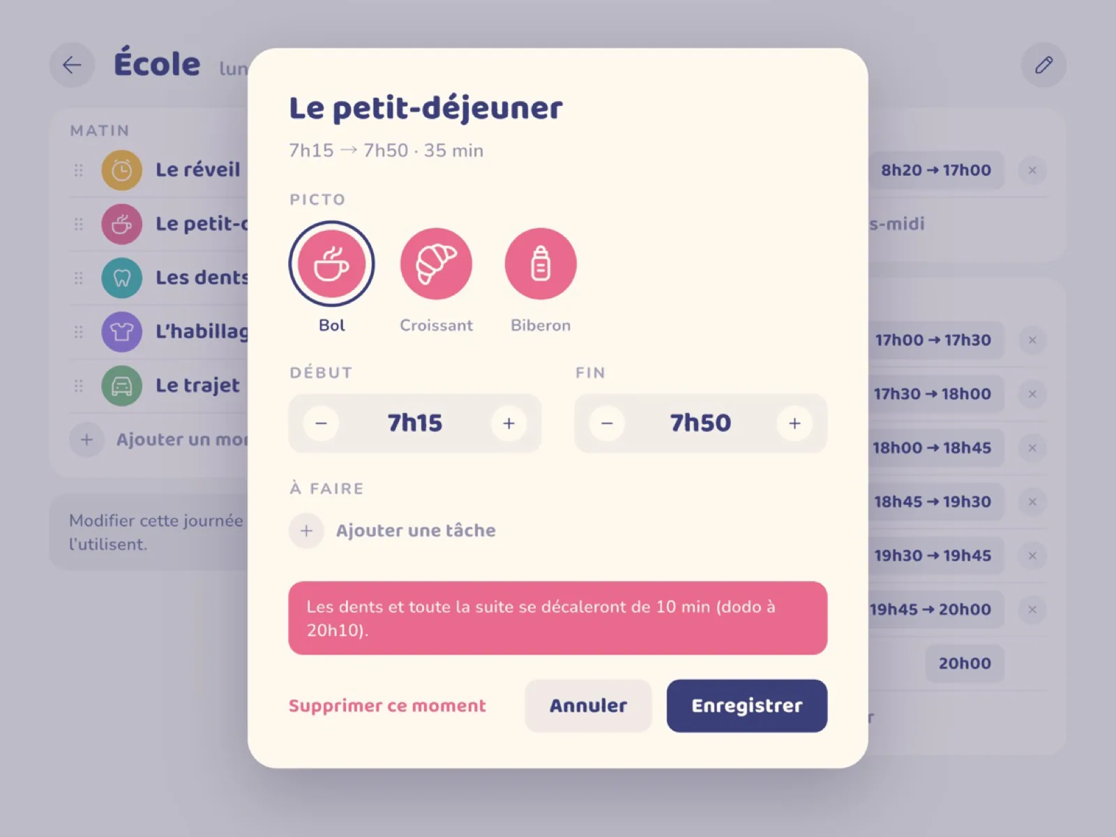 Fiche d'un moment avec l'impact annoncé de la modification