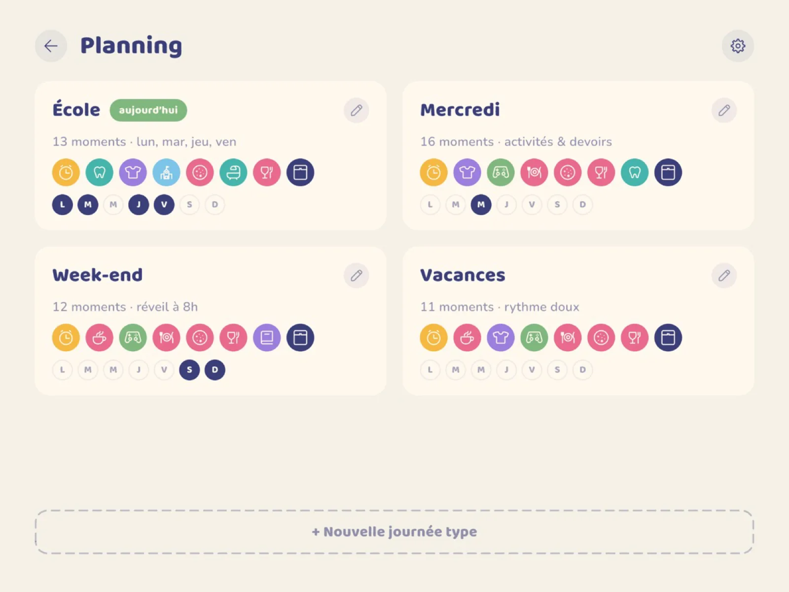 Planning hebdomadaire des journées types